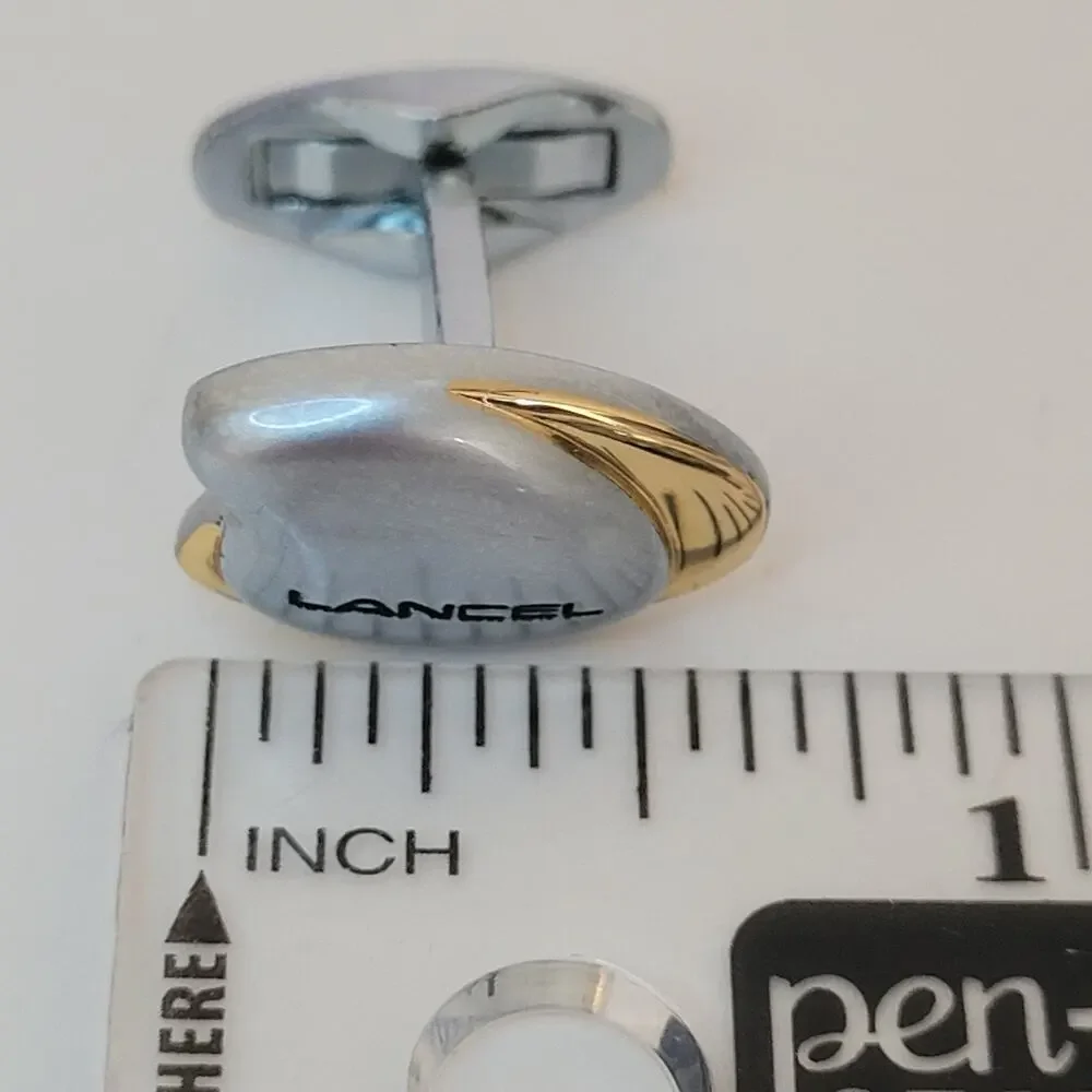 Lancel French‎ Cufflinks Set Silver Gold Tone Logo Geometric Vintage New